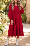 Ruffle-Trim Long-Sleeve Tiered Shift Midi Dress