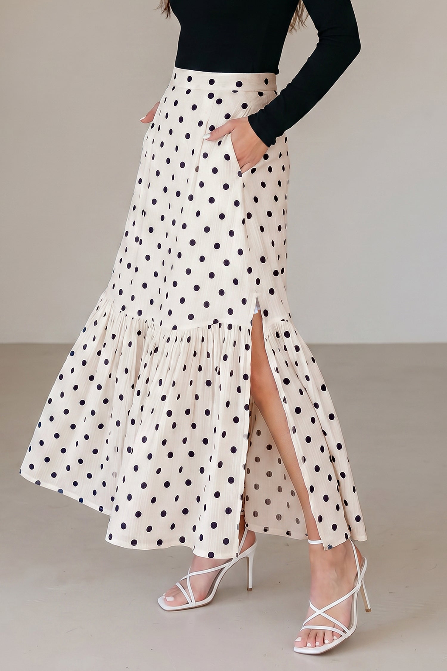 Polka Dot Split-Hem Maxi Skirt