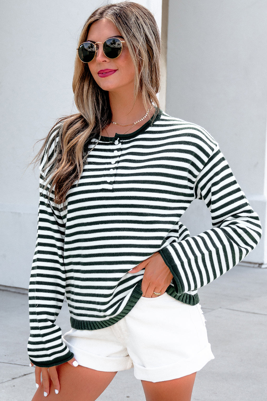 Striped Button Placket Drop Shoulder Sweater