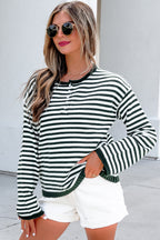 Striped Button Placket Drop Shoulder Sweater