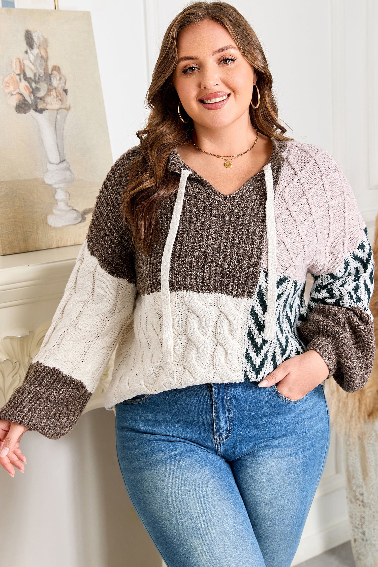 Color-Block Patchwork Knotted-Back Sweater