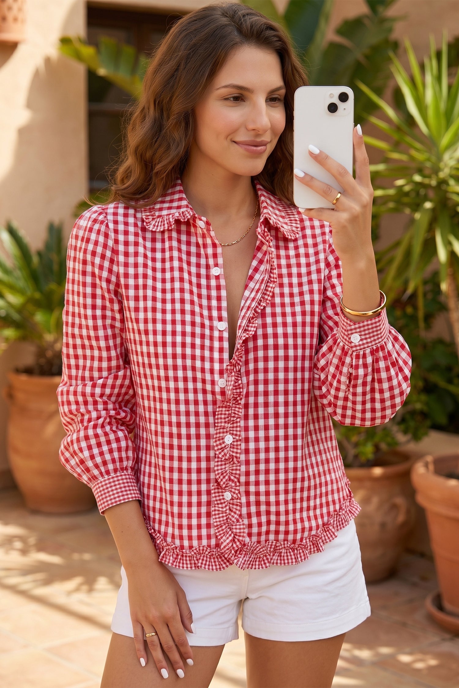 Plaid Frill Detail Button-Down Shirt