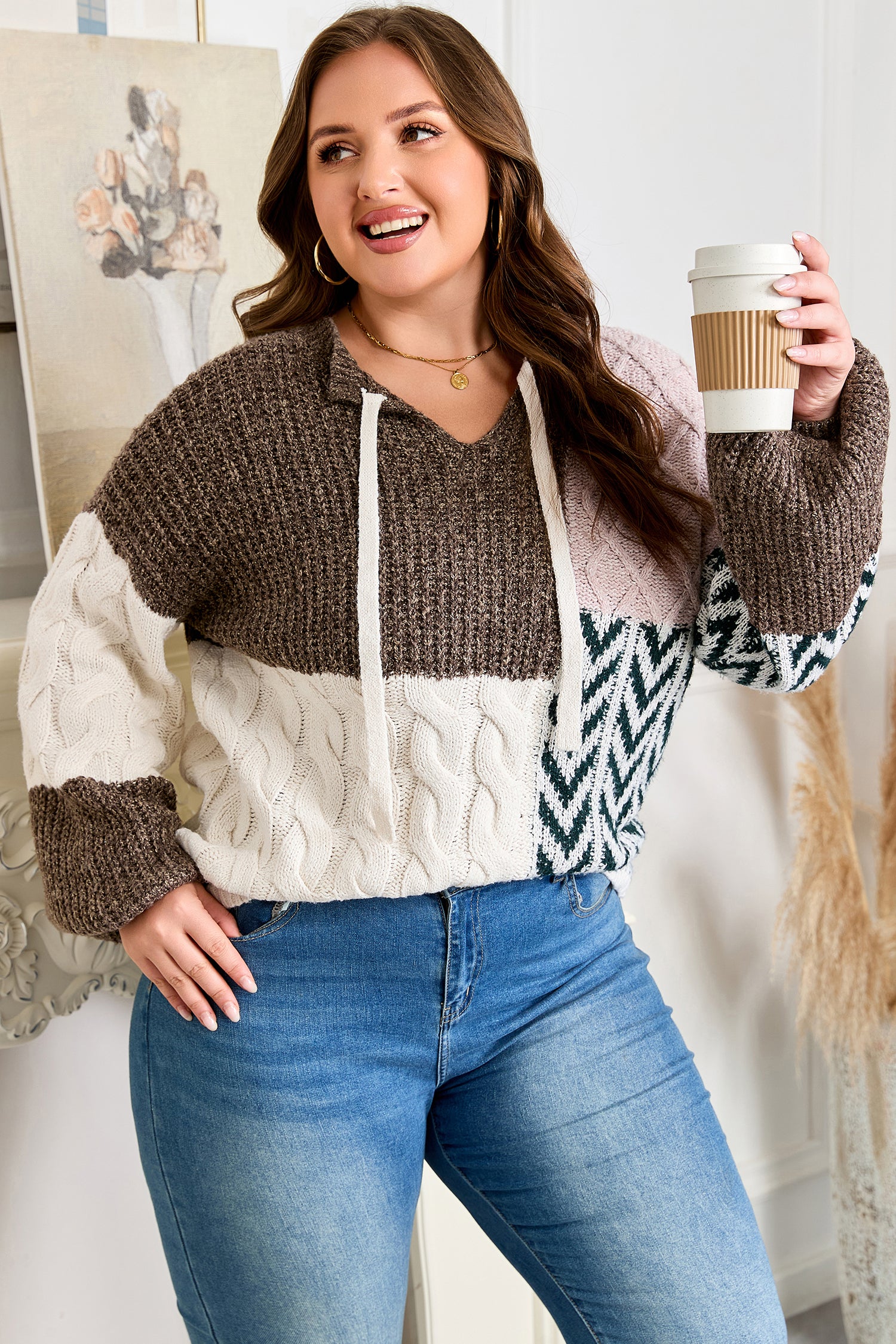 Color-Block Patchwork Knotted-Back Sweater