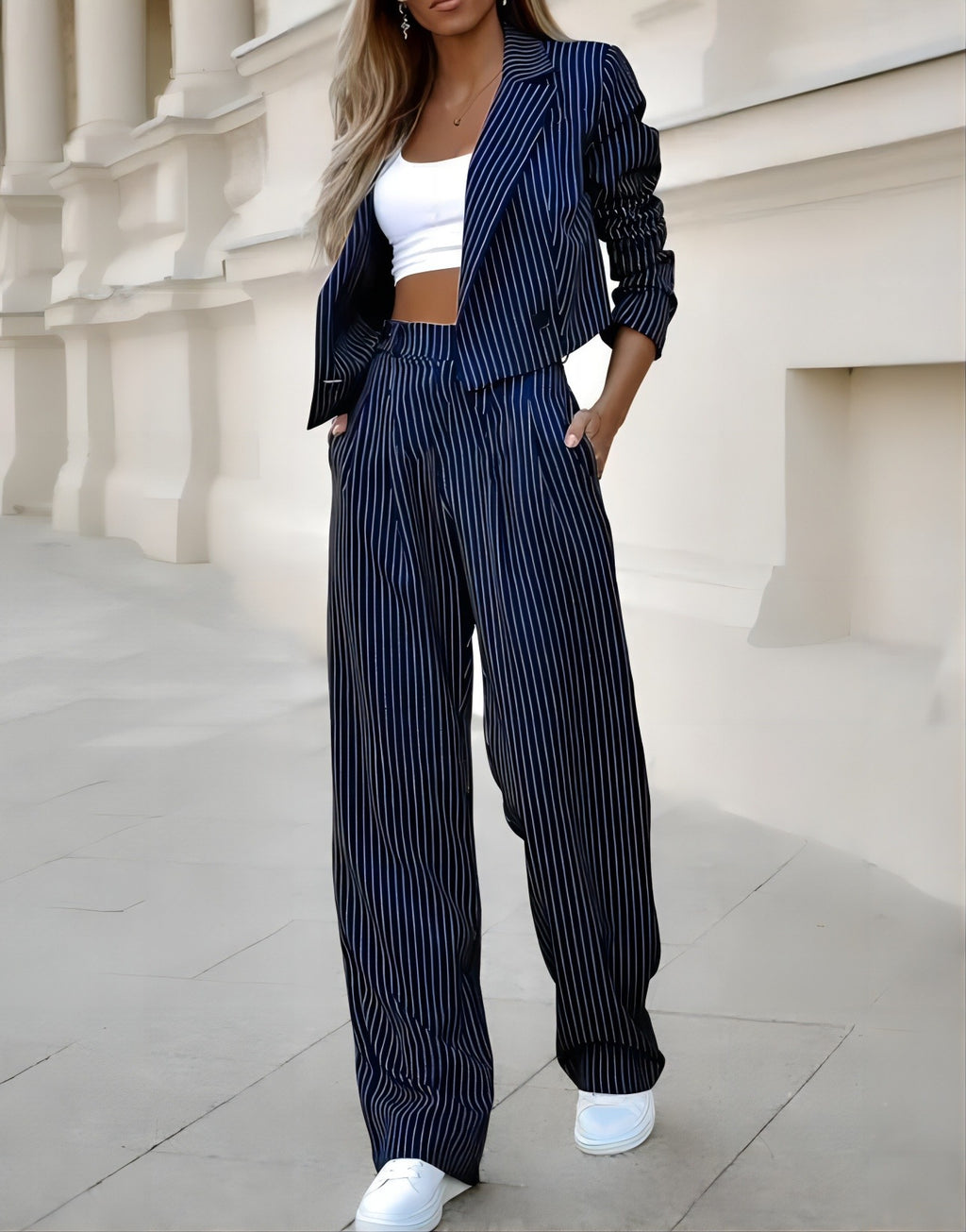 Pinstripe Cropped Blazer and Wide-Leg Pants Set