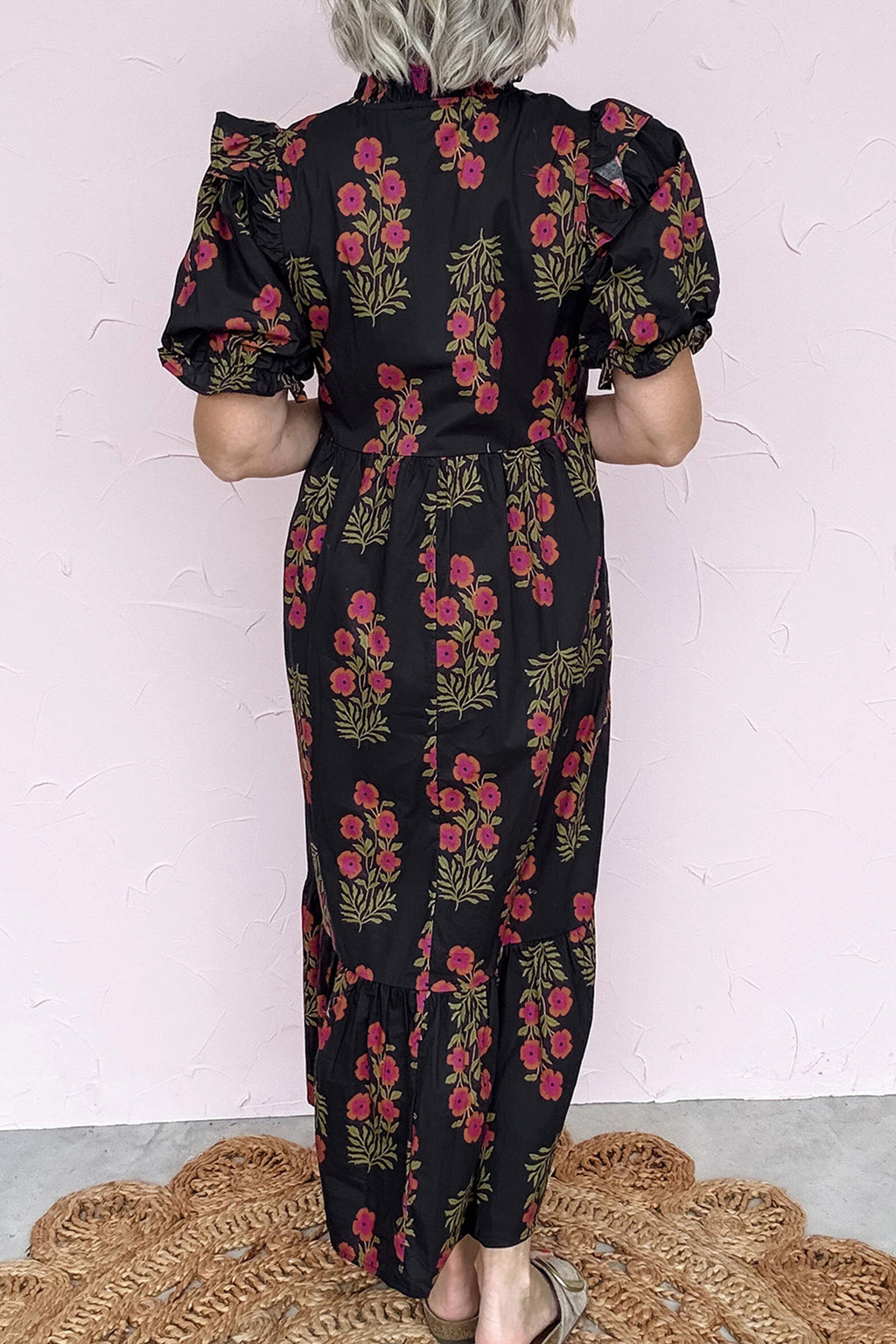 Floral Bubble-Sleeve Tiered Maxi Dress