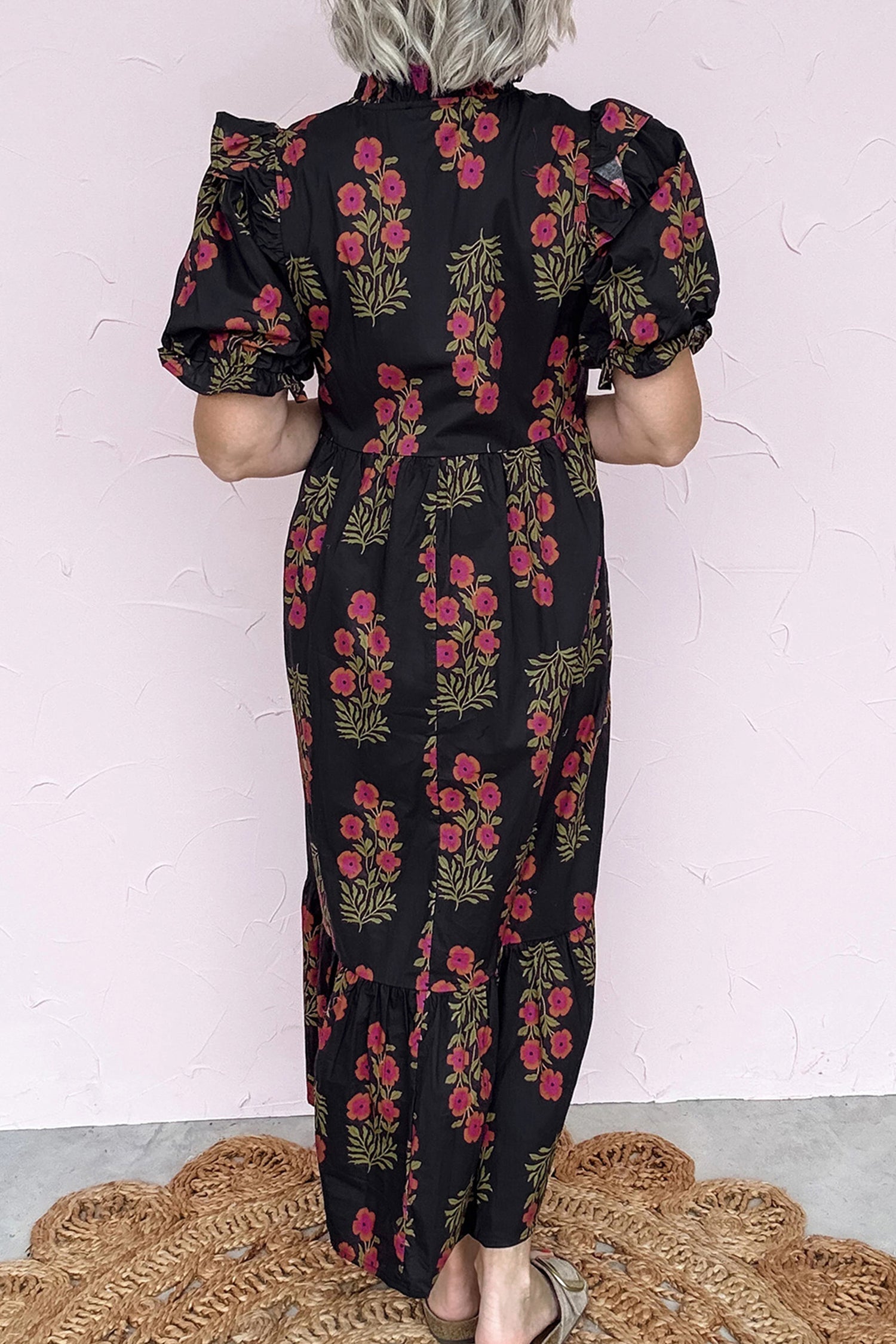 Floral Bubble-Sleeve Tiered Maxi Dress