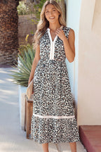 Leopard Print Colorblock Trim Sleeveless Midi Dress