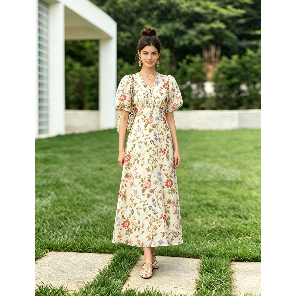 Floral Print Puff-Sleeve Silk Maxi Dress