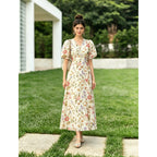 Floral Print Puff-Sleeve Silk Maxi Dress