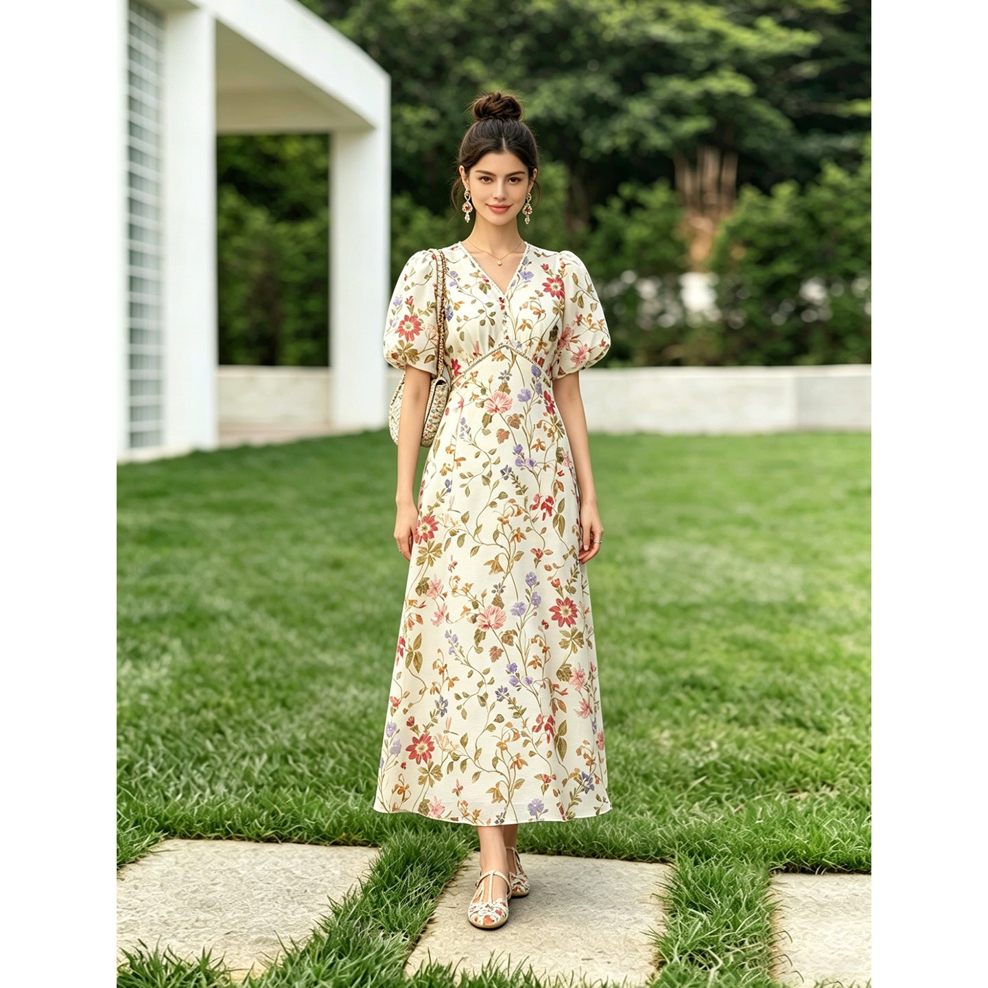 Floral Print Puff-Sleeve Silk Maxi Dress
