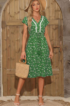 Abstract Print Embroidered V-Neck Drawstring Midi Dress
