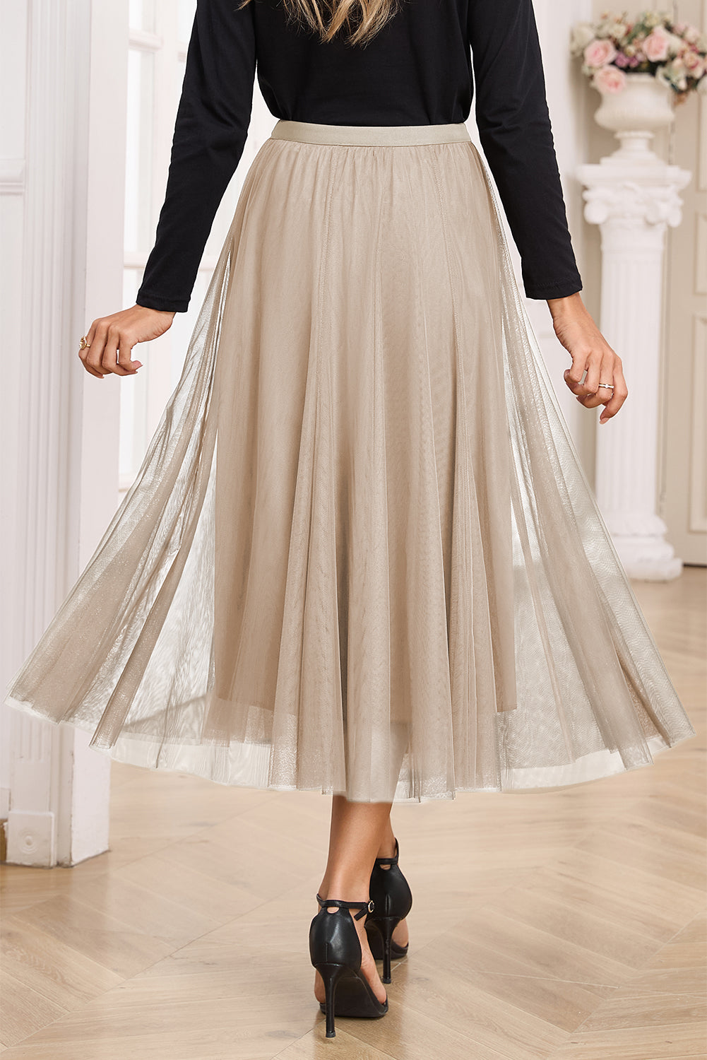 Tulle Overlay Flared Midi Skirt
