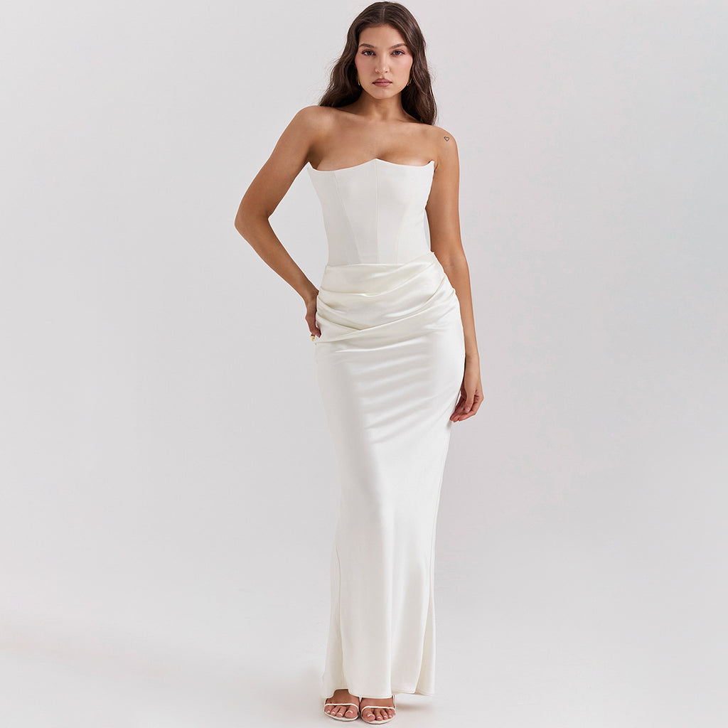 Strapless Corset Ruched Satin Maxi Dress