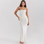 Strapless Corset Ruched Satin Maxi Dress