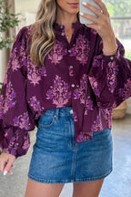 Floral Button-Front Puff-Sleeve Shirt