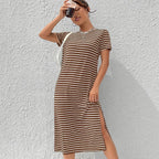 Woman wearing the Modarine striped short-sleeve midi t-shirt dress