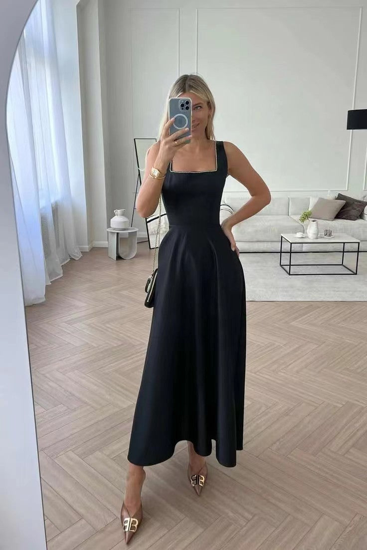 Square-Neck Sleeveless Pleated A-Line Dress