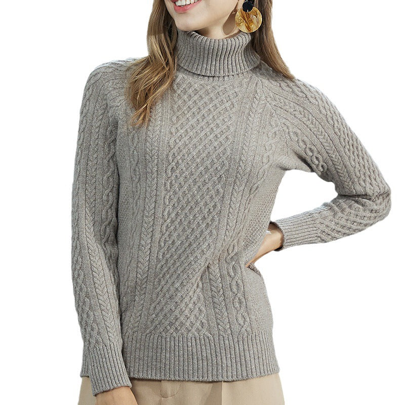 High-Neck Cable-Knit Wool Sweater