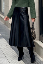 Faux Leather Buckle-Detail Pleated Midi Skirt