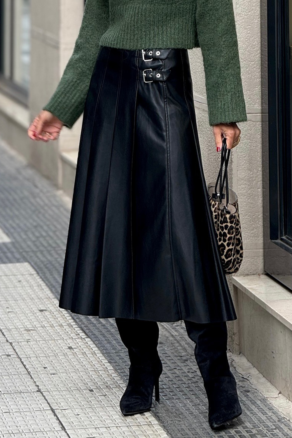 Faux Leather Buckle-Detail Pleated Midi Skirt