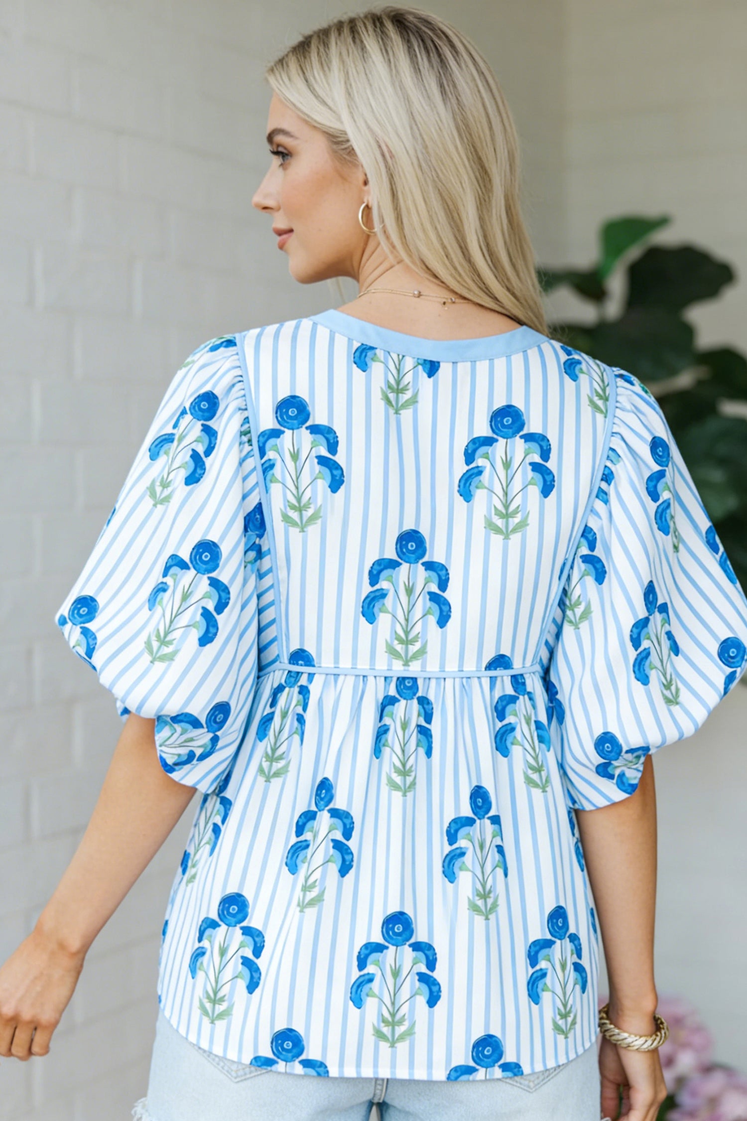 Floral Tie-Neck Puff-Sleeve Blouse