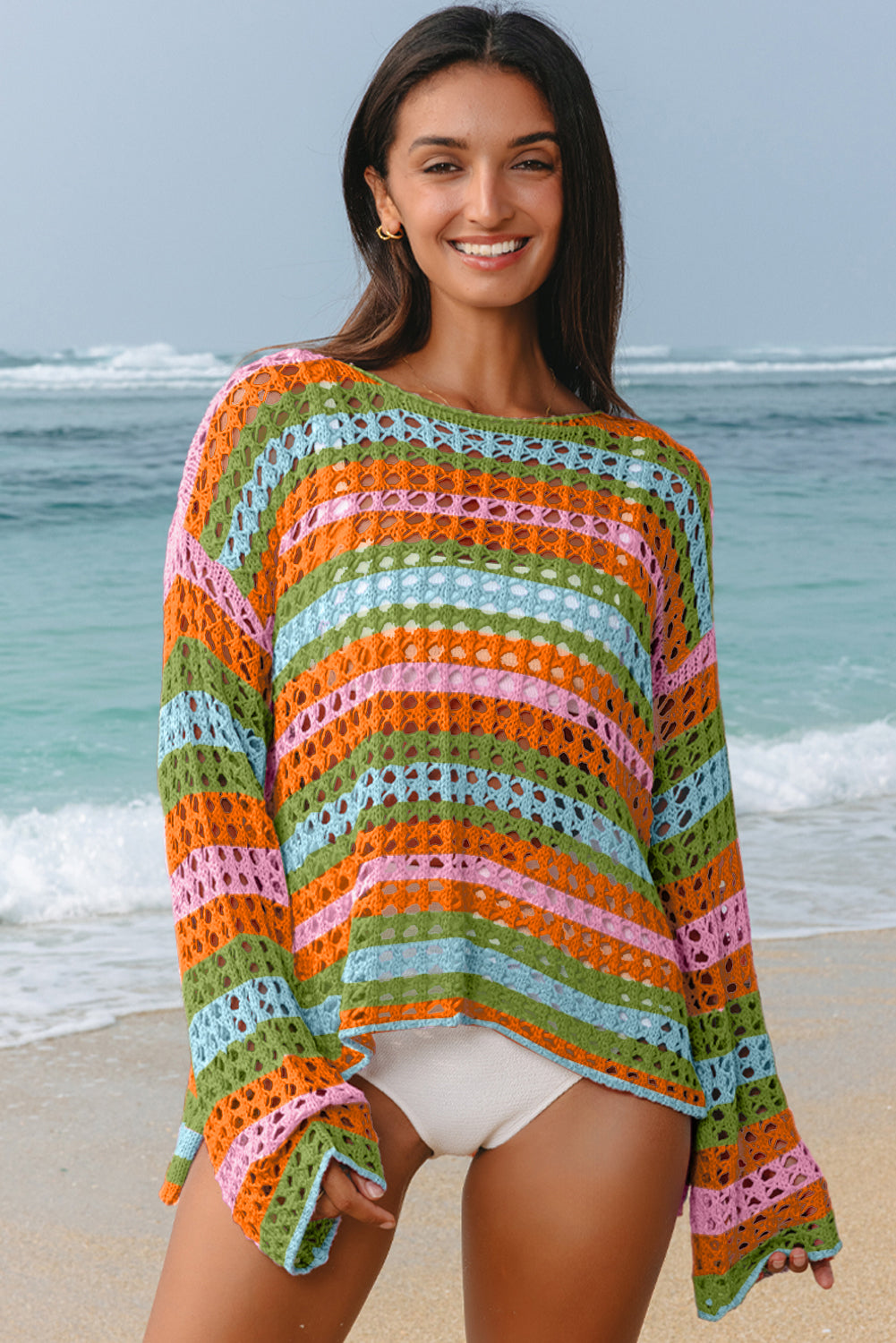 Multi-Stripe Open-Knit Beach Cover-Up