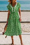 Abstract Print Embroidered V-Neck Drawstring Midi Dress