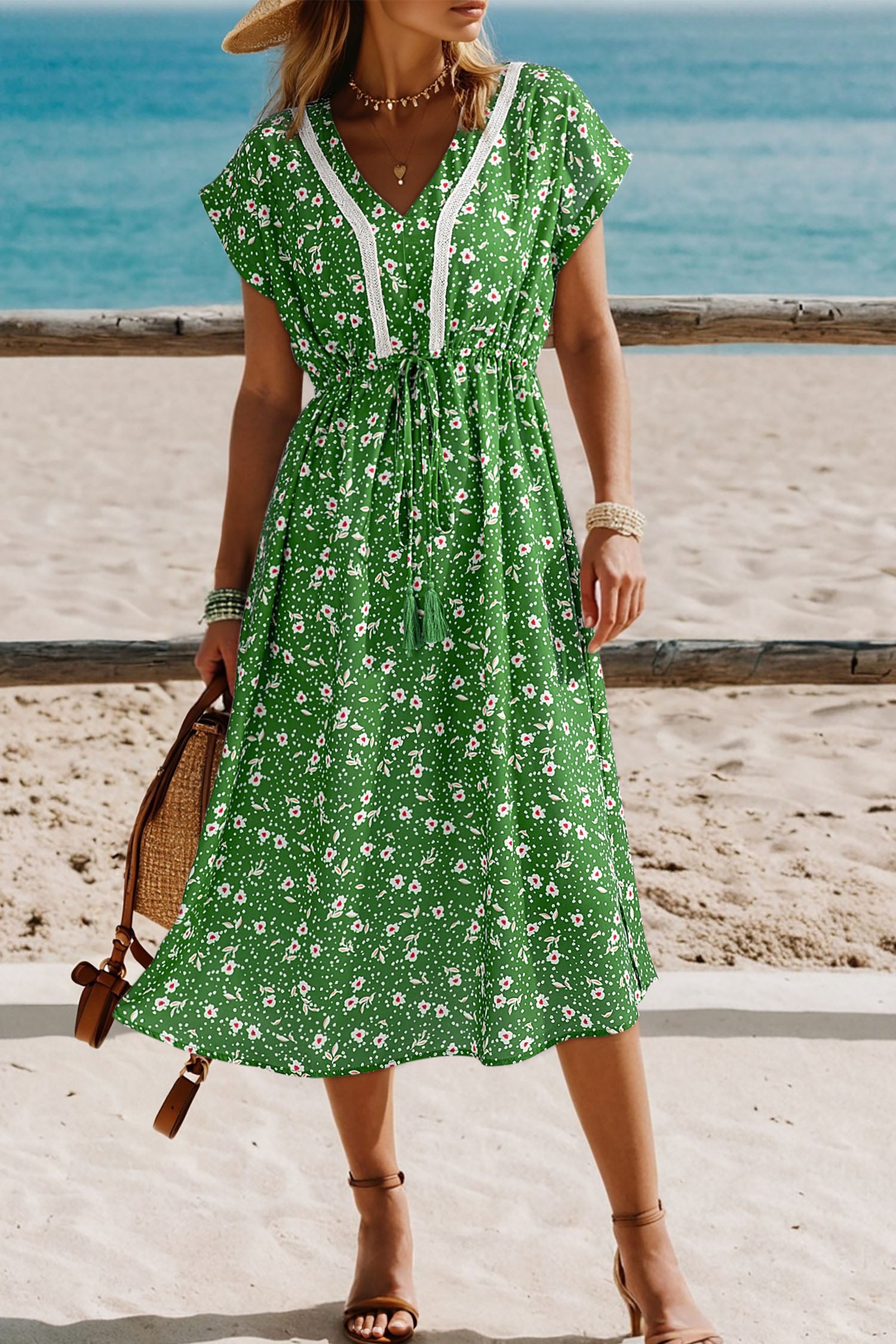 Abstract Print Embroidered V-Neck Drawstring Midi Dress