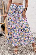 Floral Print Drawstring Ruffle-Hem Maxi Skirt