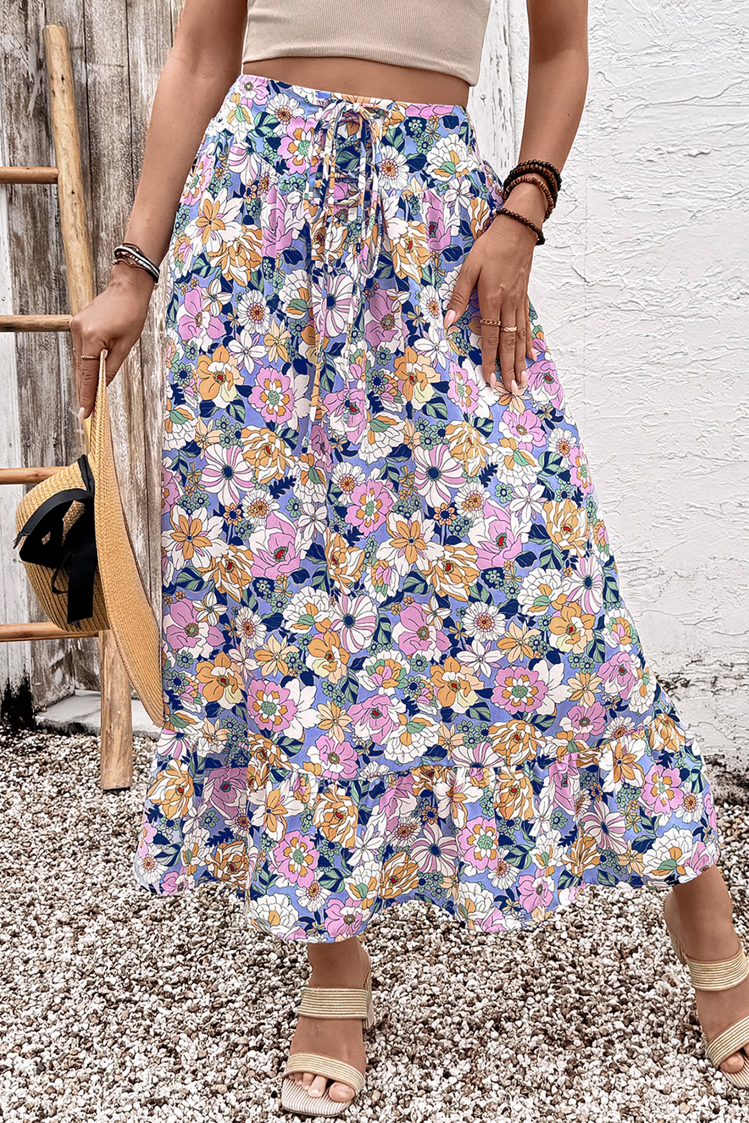 Floral Print Drawstring Ruffle-Hem Maxi Skirt