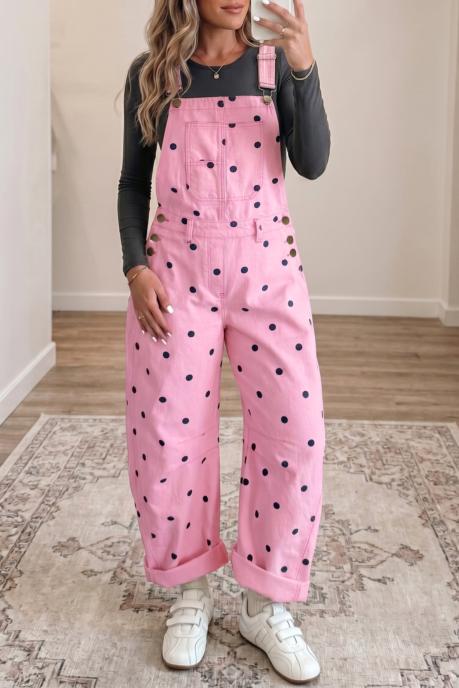 Polka Dot Denim Barrel-Leg Overalls