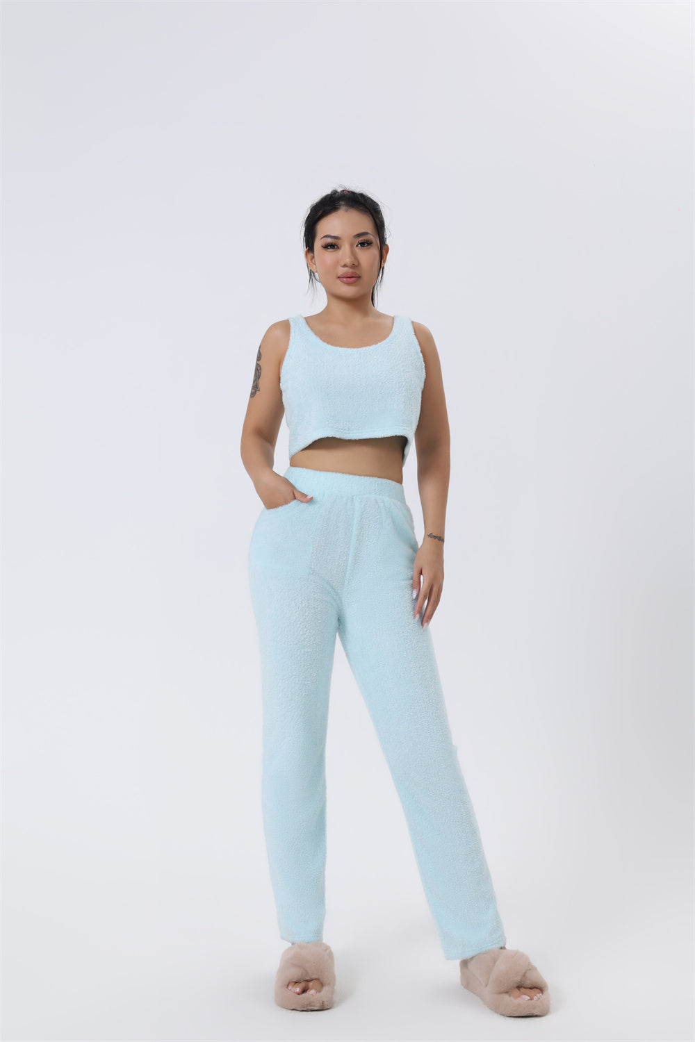 Fluffy Knit Wide-Leg Pants 3-Piece Pajama Set