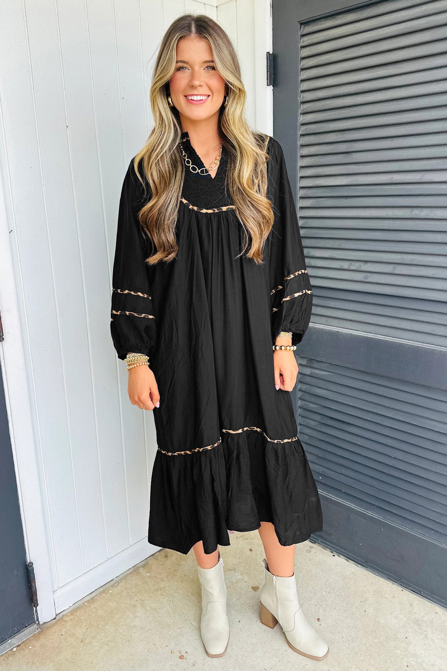 Leopard-Trim Split-Neck Long-Sleeve Midi Dress