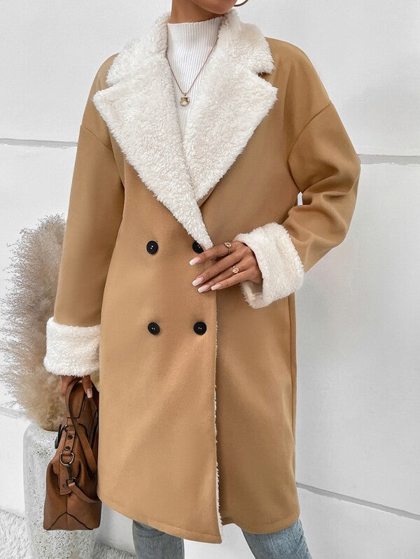 Plush-Trim Double-Breasted Longline Coat
