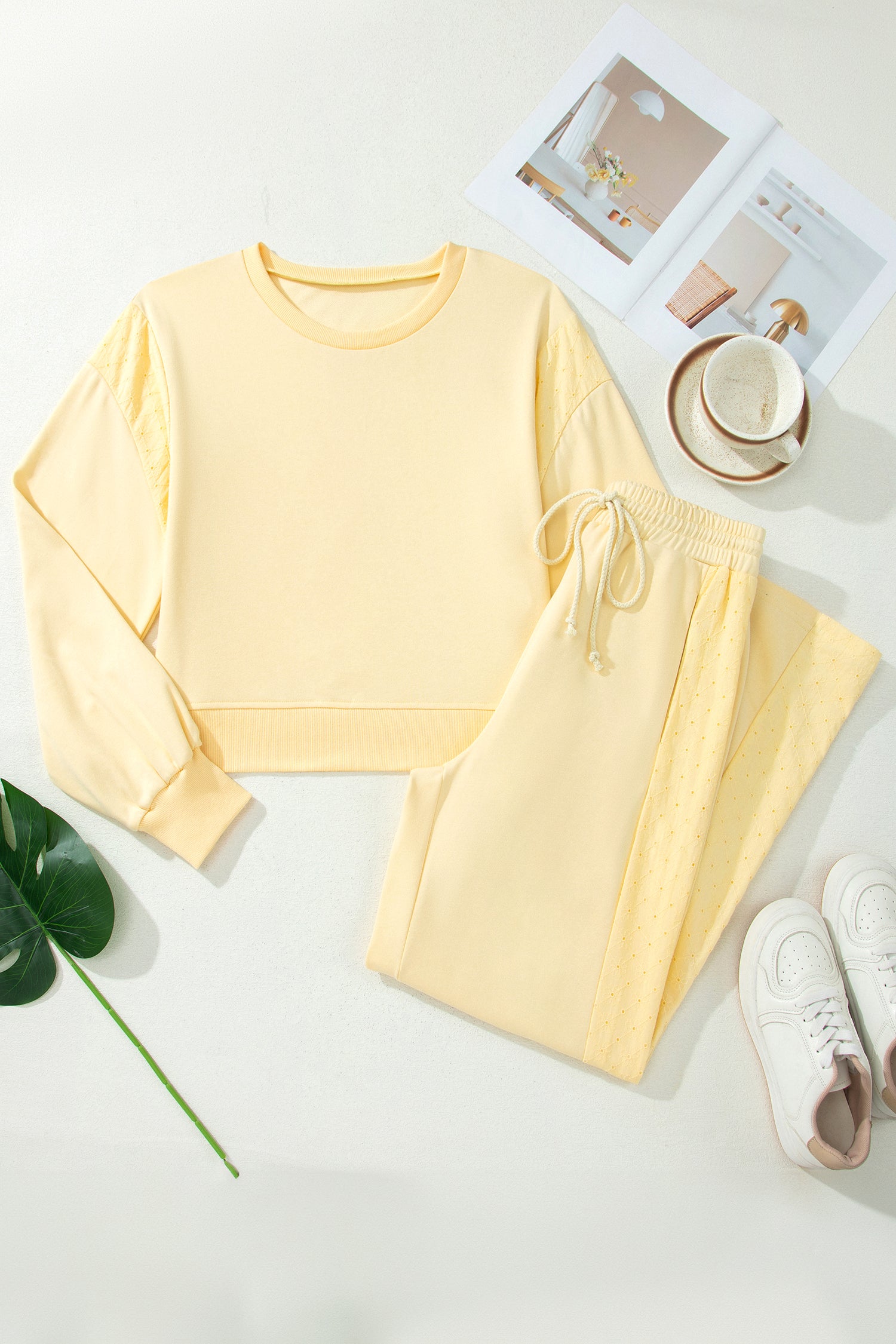 Eyelet Lace Cropped Pullover and Drawstring Pants Set