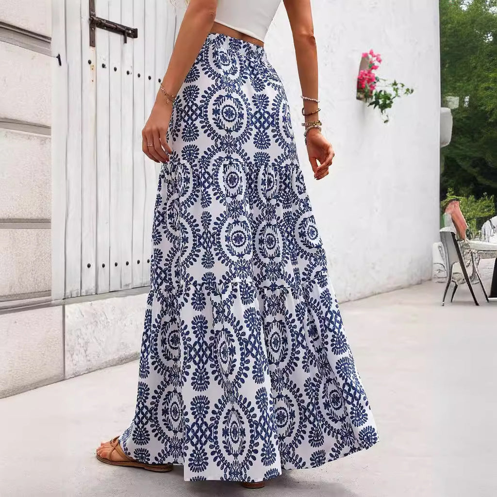 Blue Porcelain Print A-Line Maxi Skirt