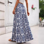 Blue Porcelain Print A-Line Maxi Skirt