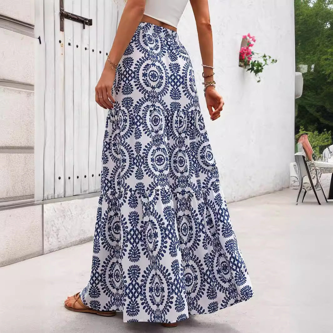 Blue Porcelain Print A-Line Maxi Skirt