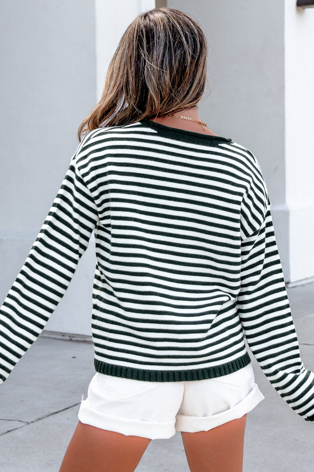 Striped Button Placket Drop Shoulder Sweater