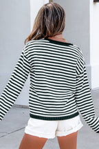 Striped Button Placket Drop Shoulder Sweater