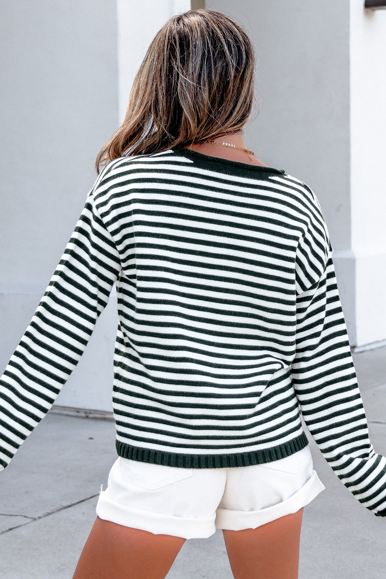 Striped Button Placket Drop Shoulder Sweater