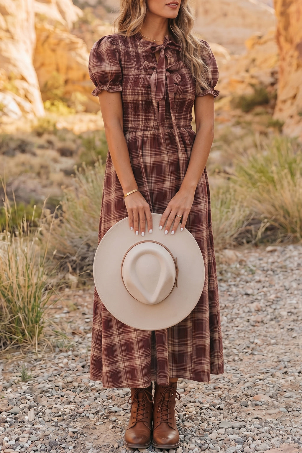 Plaid Knot-Front Smocked Midi Dress