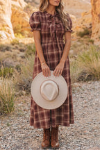 Plaid Knot-Front Smocked Midi Dress