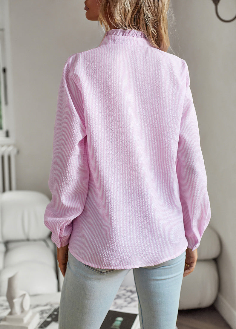 Striped Ruffle-Front Button-Up Shirt