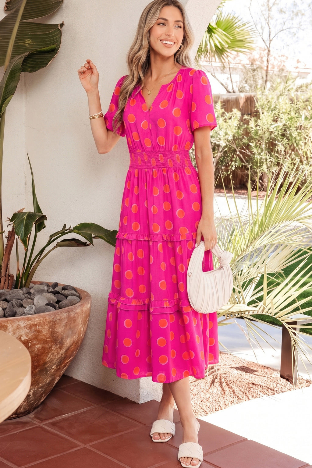 Polka Dot Shirred High-Waist Midi Dress