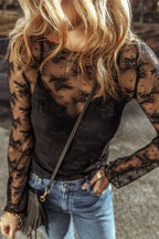 Lace and Mesh Slim-Fit Long-Sleeve Blouse