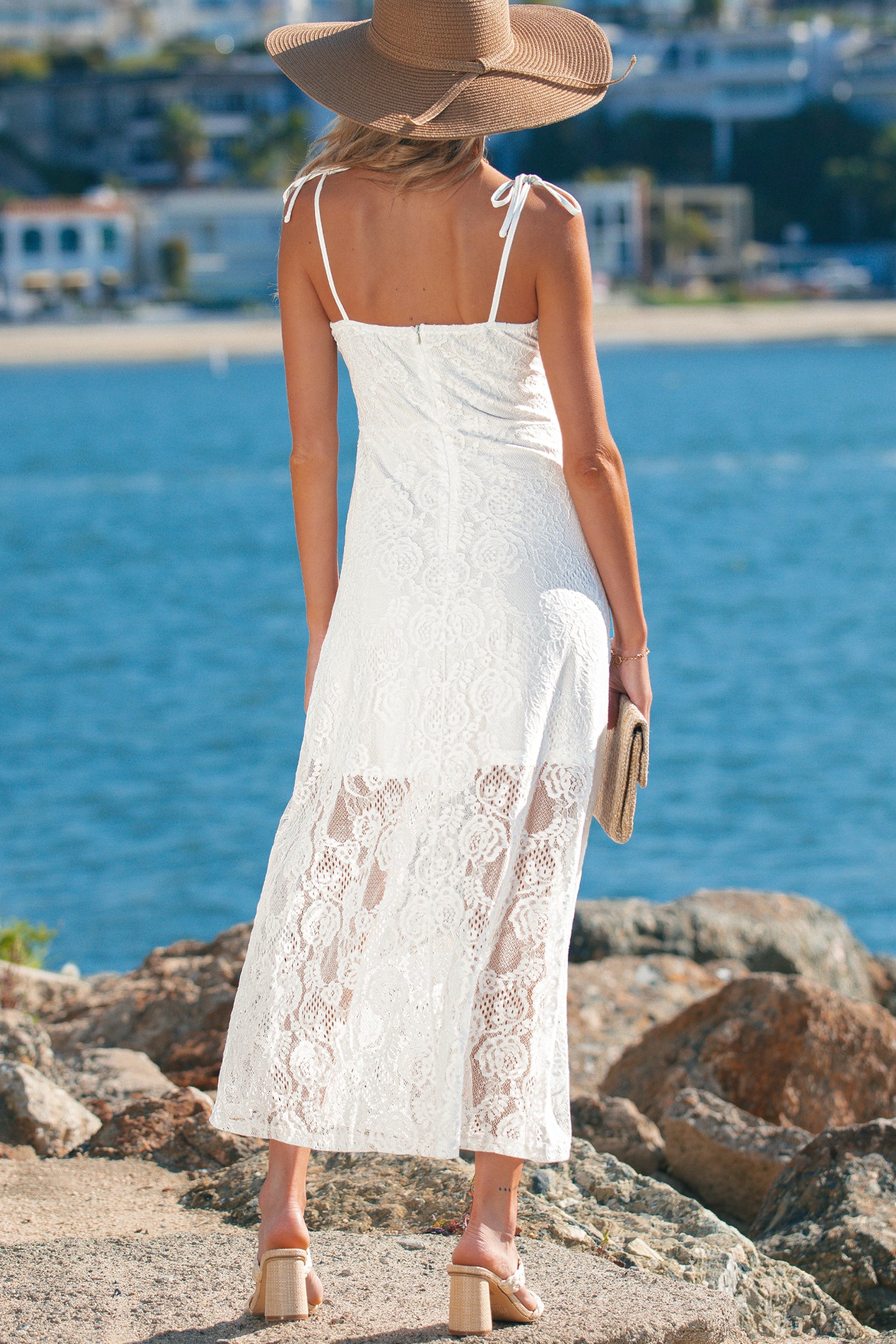 Floral Lace Overlay Tie-Strap Maxi Dress