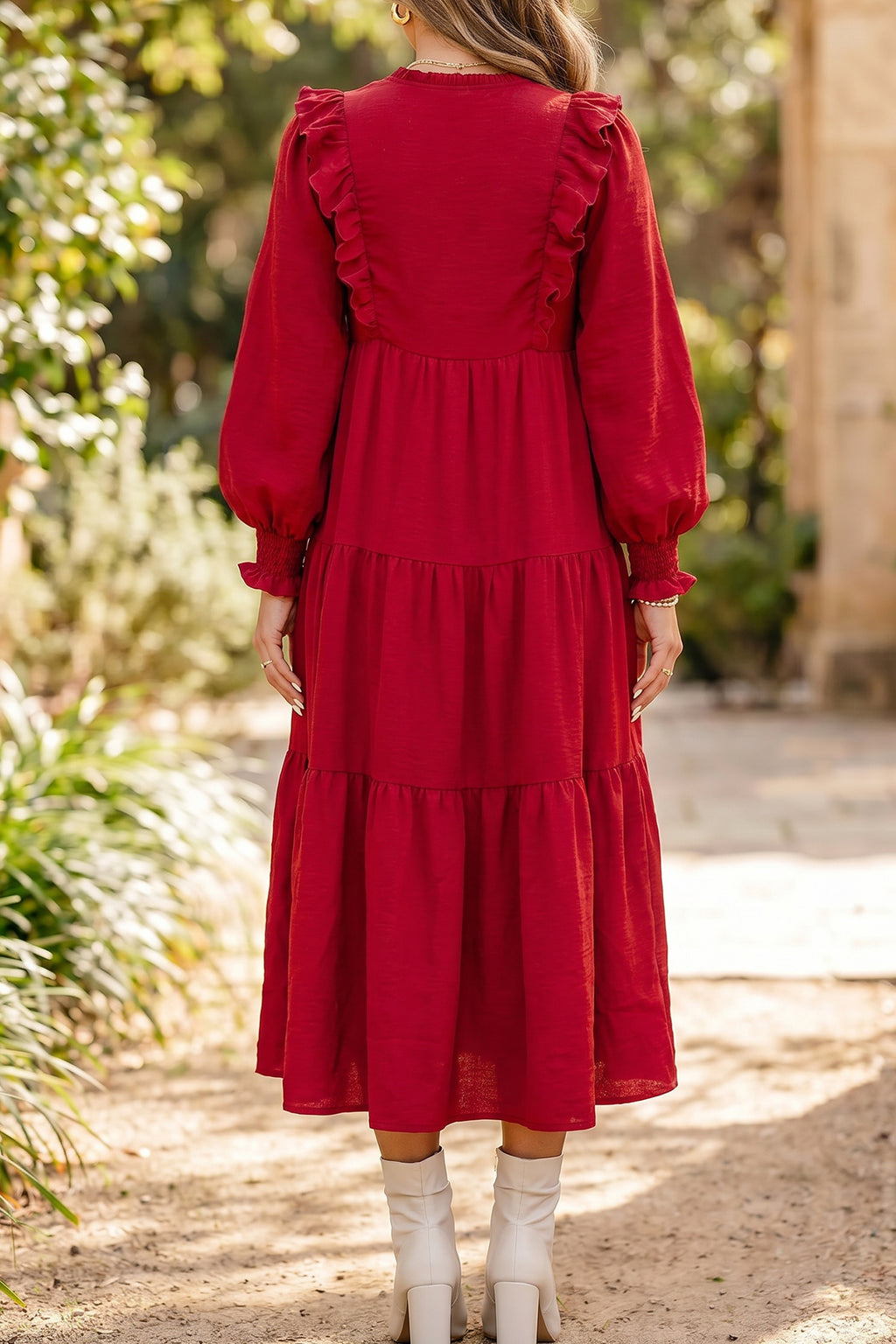 Ruffle-Trim Long-Sleeve Tiered Shift Midi Dress