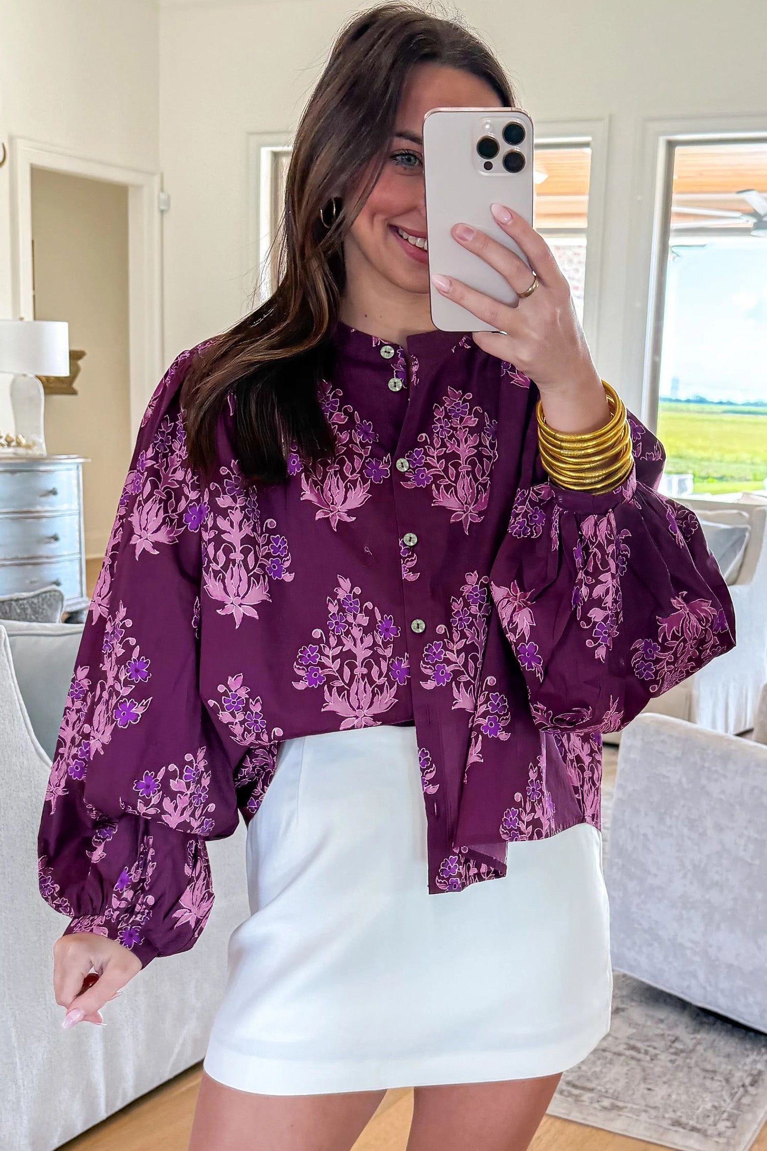 Floral Button-Front Puff-Sleeve Shirt
