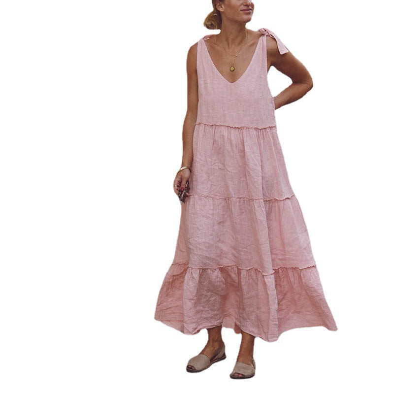 Tie-Shoulder Tiered Ramie Cotton Maxi Dress